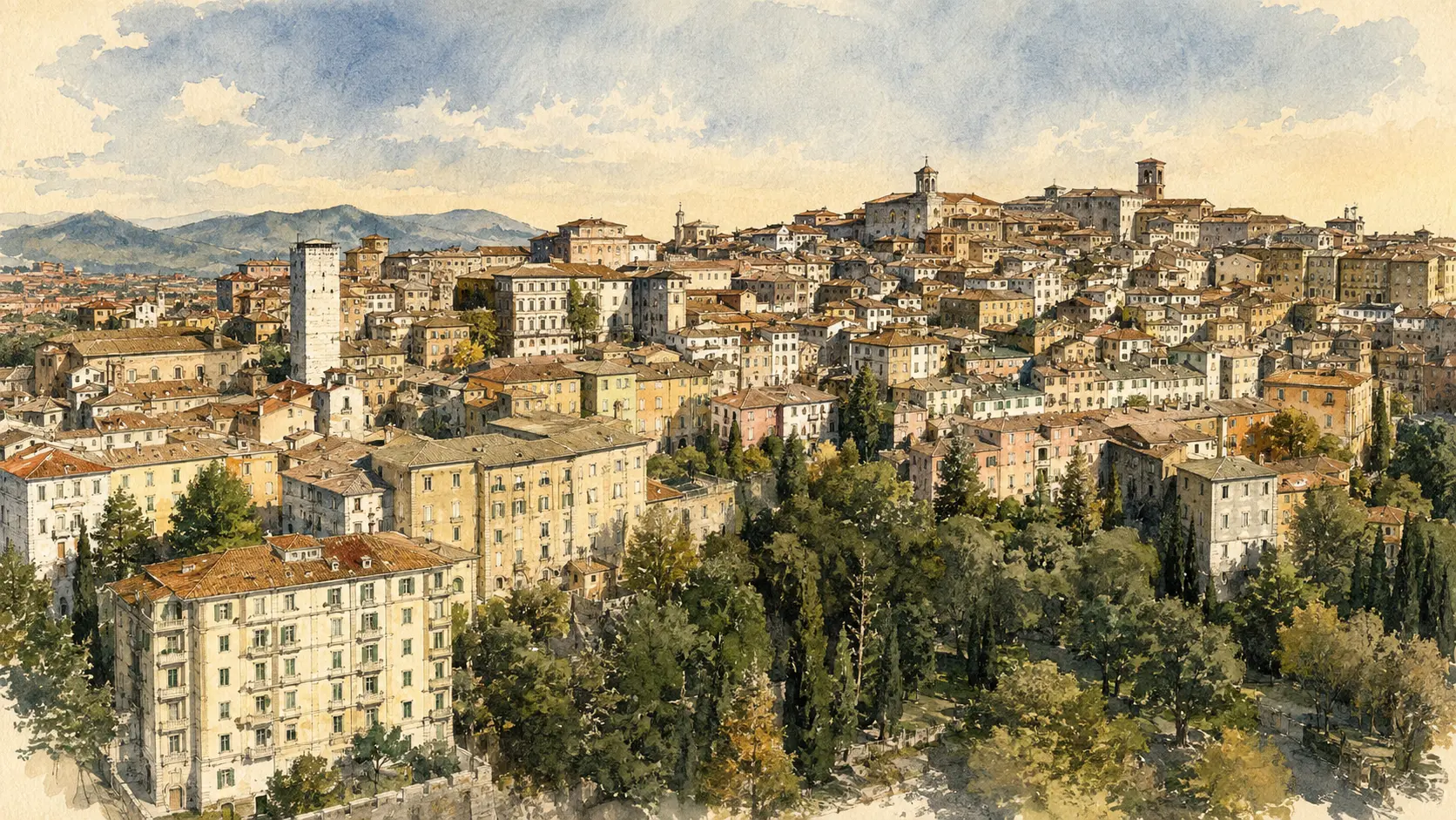 Documentary watercolour panorama of Perugia with the Palazzo dei Priori, cathedral and historic skyline