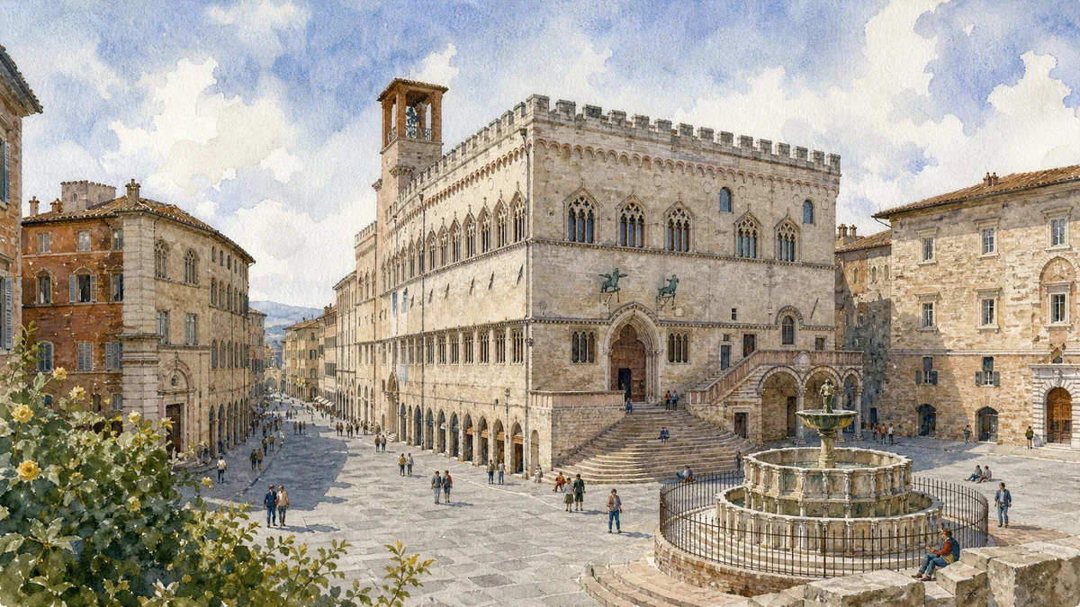 Original documentary watercolour of Palazzo dei Priori within Piazza IV Novembre in Perugia