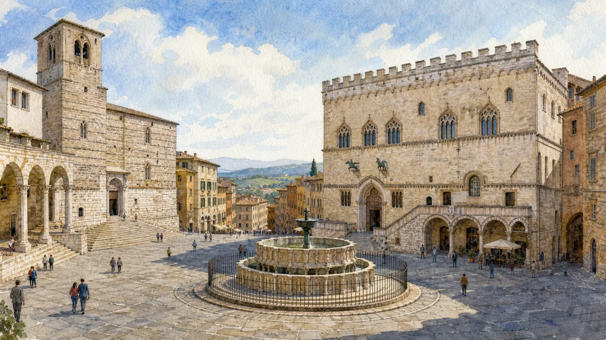 Original documentary watercolour of Piazza IV Novembre and Fontana Maggiore in their Perugia urban context