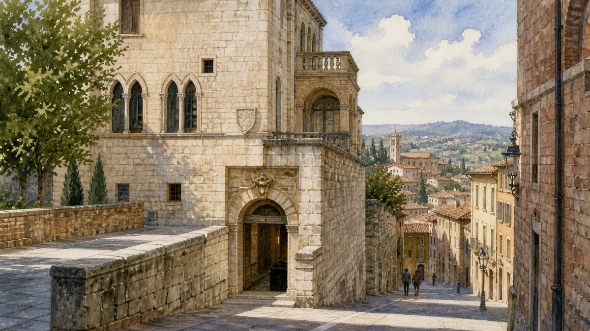 Original documentary watercolour of the Etruscan Well entrance within the historic streets near Piazza Danti