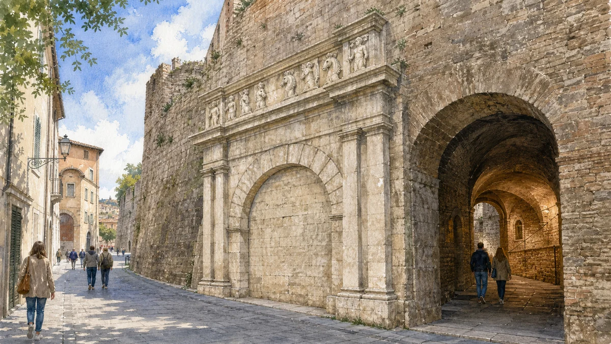 Original documentary watercolour of Porta Marzia embedded in the Rocca Paolina beside its vaulted pedestrian entrance