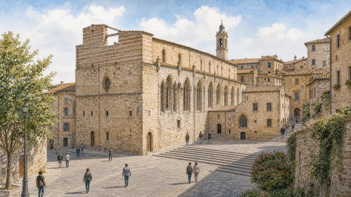Original documentary watercolour of the Cathedral of San Lorenzo within its paved Perugia square