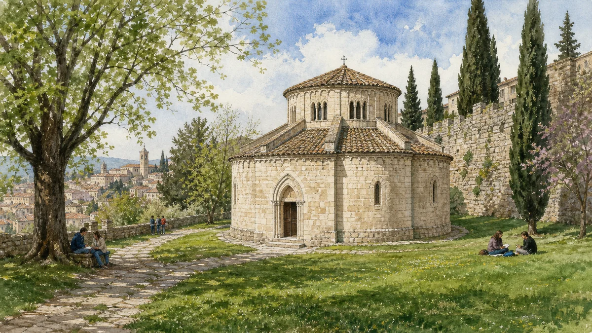 Original documentary watercolour of the circular Church of San Michele Arcangelo within its grassy garden near Porta Sant'Angelo