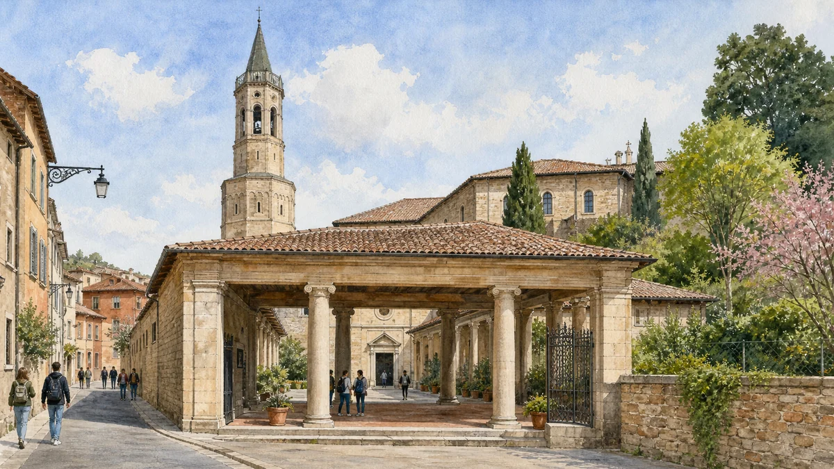 Original documentary watercolour of the porticoed courtyard and campanile of the Abbey of San Pietro in its Perugia neighbourhood