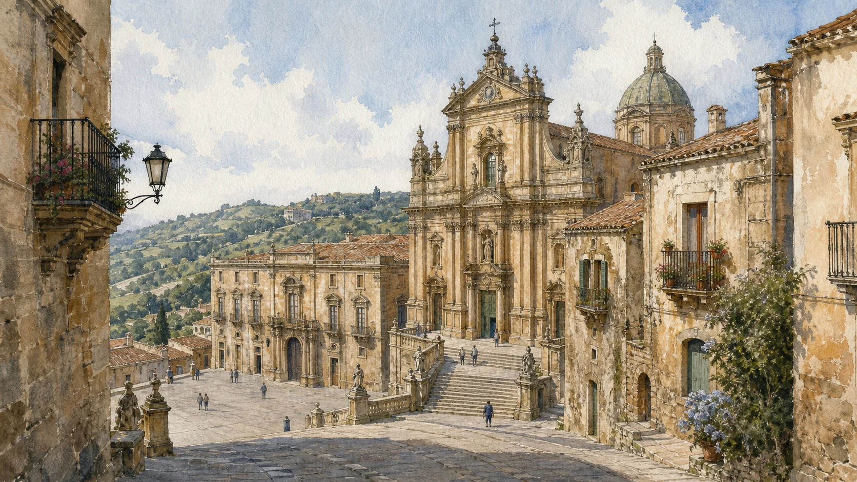 Documentary watercolour of Piazza Cattedrale in Piazza Armerina with the Cathedral, Palazzo Trigona, sloping paving and inland hills