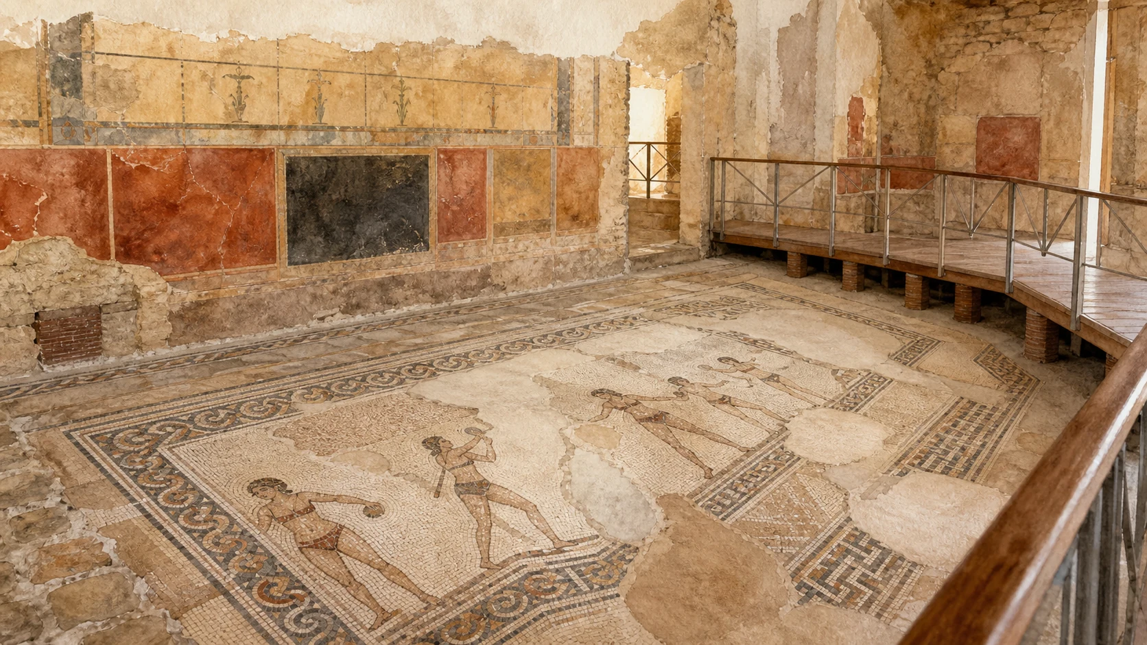Documentary watercolour of the conserved Female Athletes mosaic at Villa Romana del Casale seen from the visitor walkway within the archaeological room