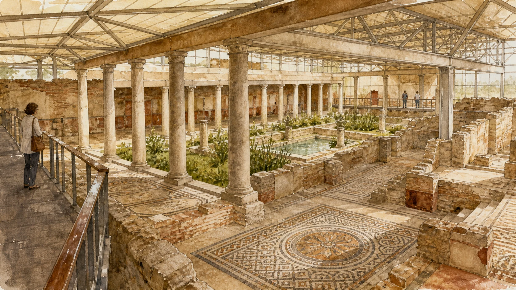 Documentary watercolour of the main peristyle at Villa Romana del Casale with columns, garden basin, mosaic floors, protective roof and visitor walkway