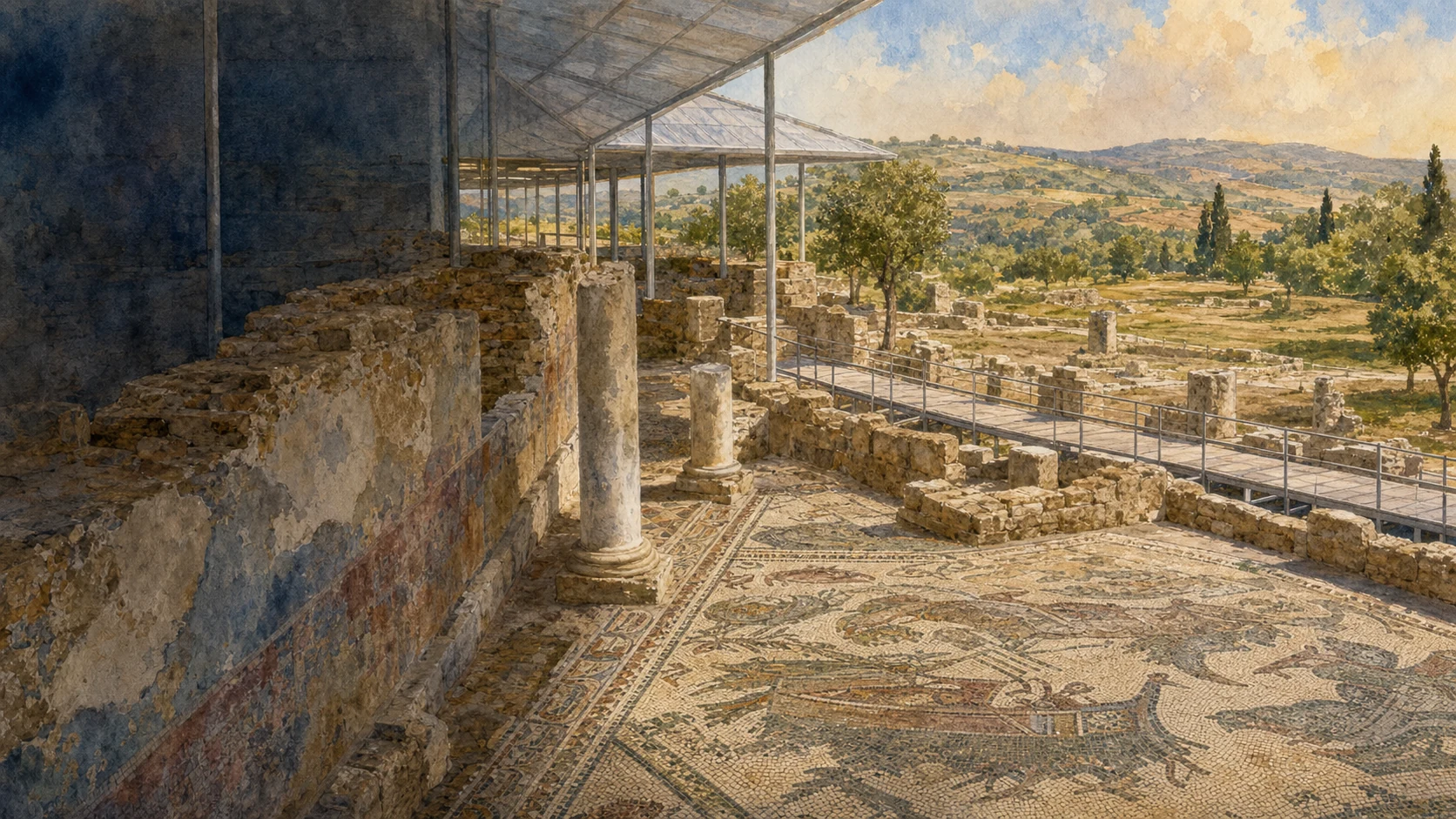 Documentary watercolour of the Villa Romana del Casale with its protected mosaic corridors, surviving walls and green inland Sicilian setting