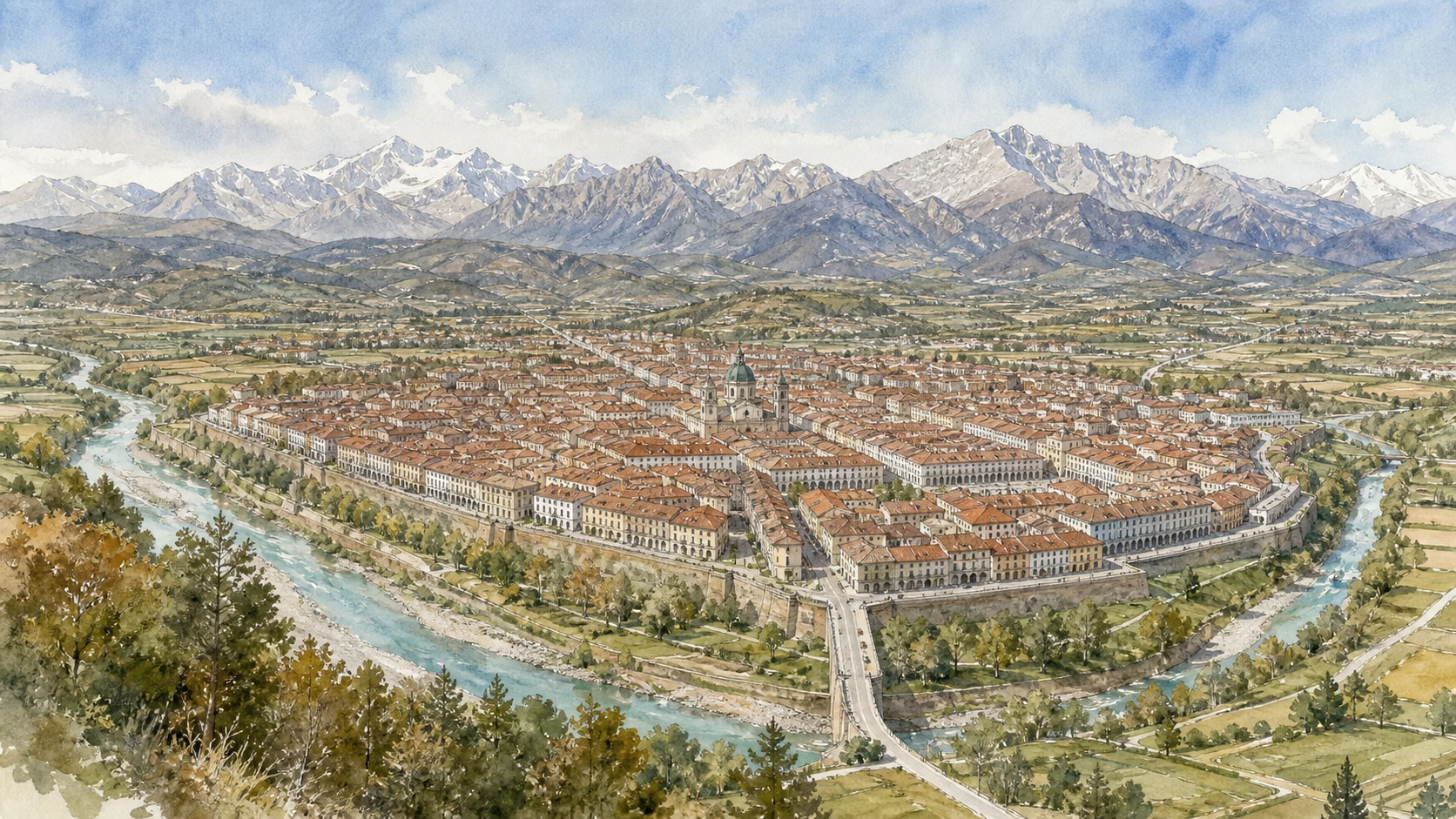 Original documentary watercolour panorama for Cuneo, Saluzzo and the Occitan Valleys: Complete Guide, with accurate Piedmont architecture, landscape and lived context