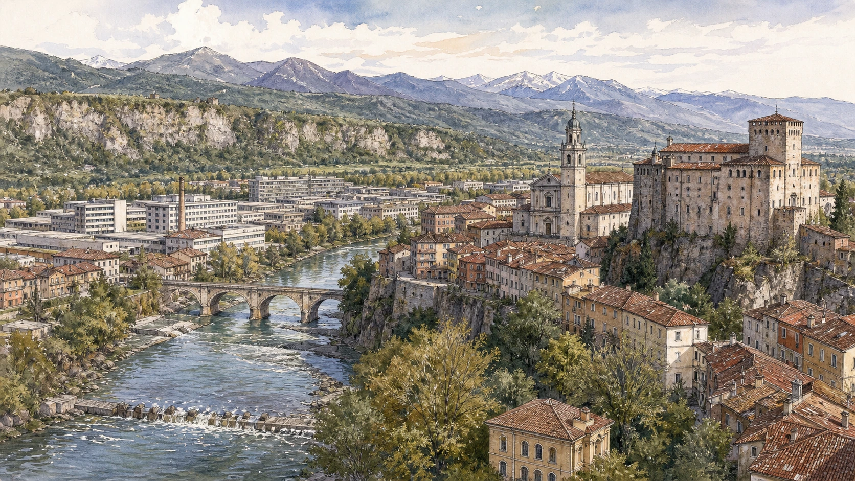 Original documentary watercolour panorama for Ivrea, Biella and the Canavese: Complete Guide, with accurate Piedmont architecture, landscape and lived context