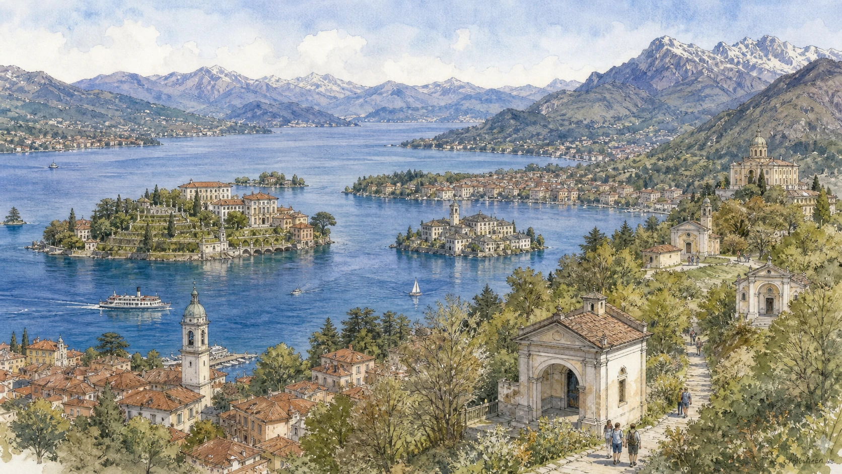 Lake Maggiore, Lake Orta and the Sacri Monti: Complete Guide 1 Original documentary watercolour panorama for Lake Maggiore, Lake Orta and the Sacri Monti: Complete Guide, with accurate Piedmont architecture, landscape and lived context