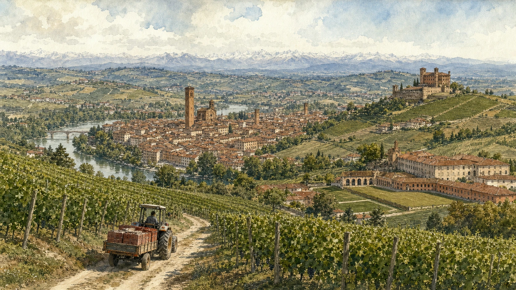 Original documentary watercolour panorama for Langhe, Roero and Alba: Complete Guide, with accurate Piedmont architecture, landscape and lived context