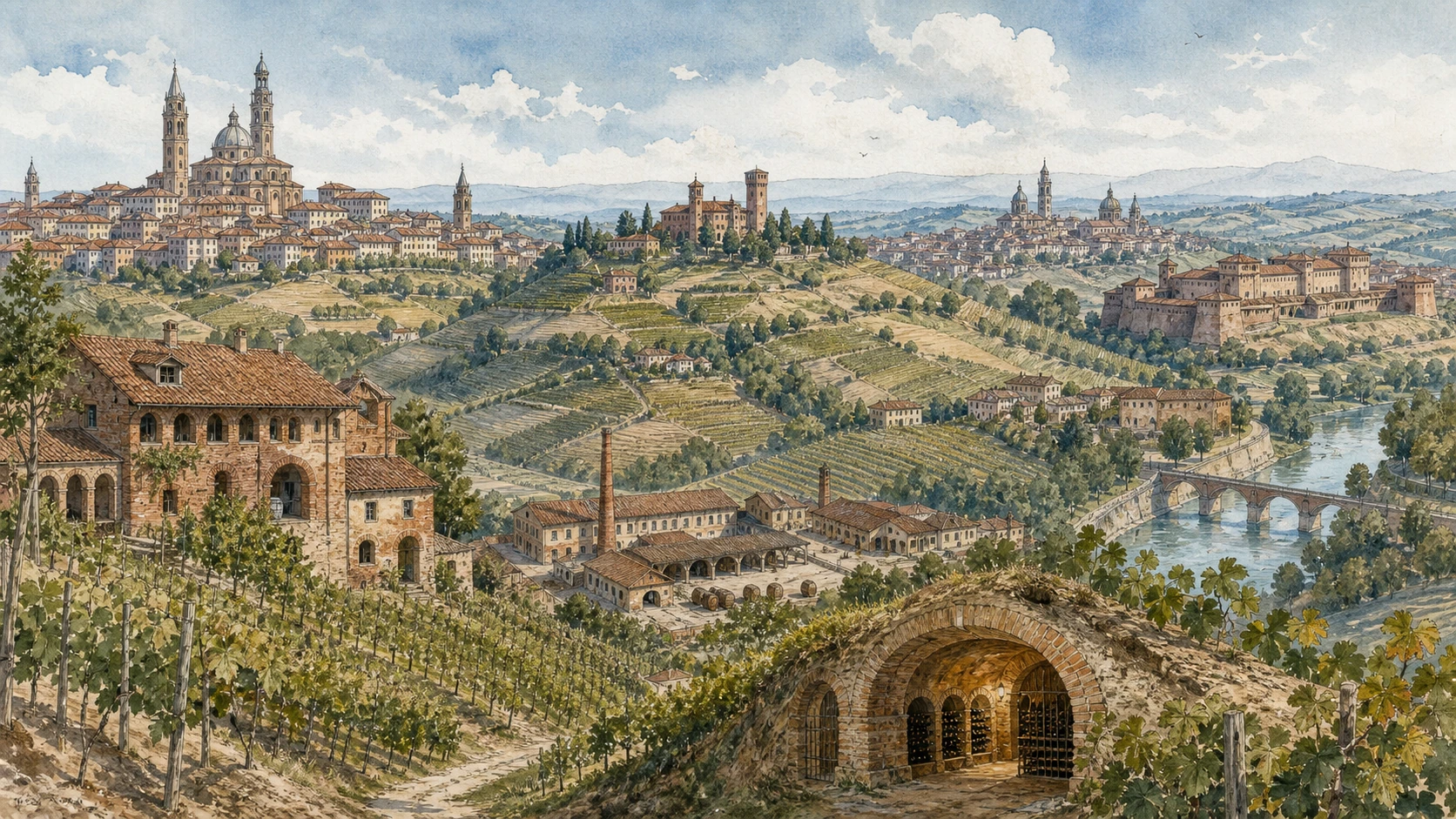 Original documentary watercolour panorama for Monferrato, Asti, Canelli and Alessandria: Complete Guide, with accurate Piedmont architecture, landscape and lived context