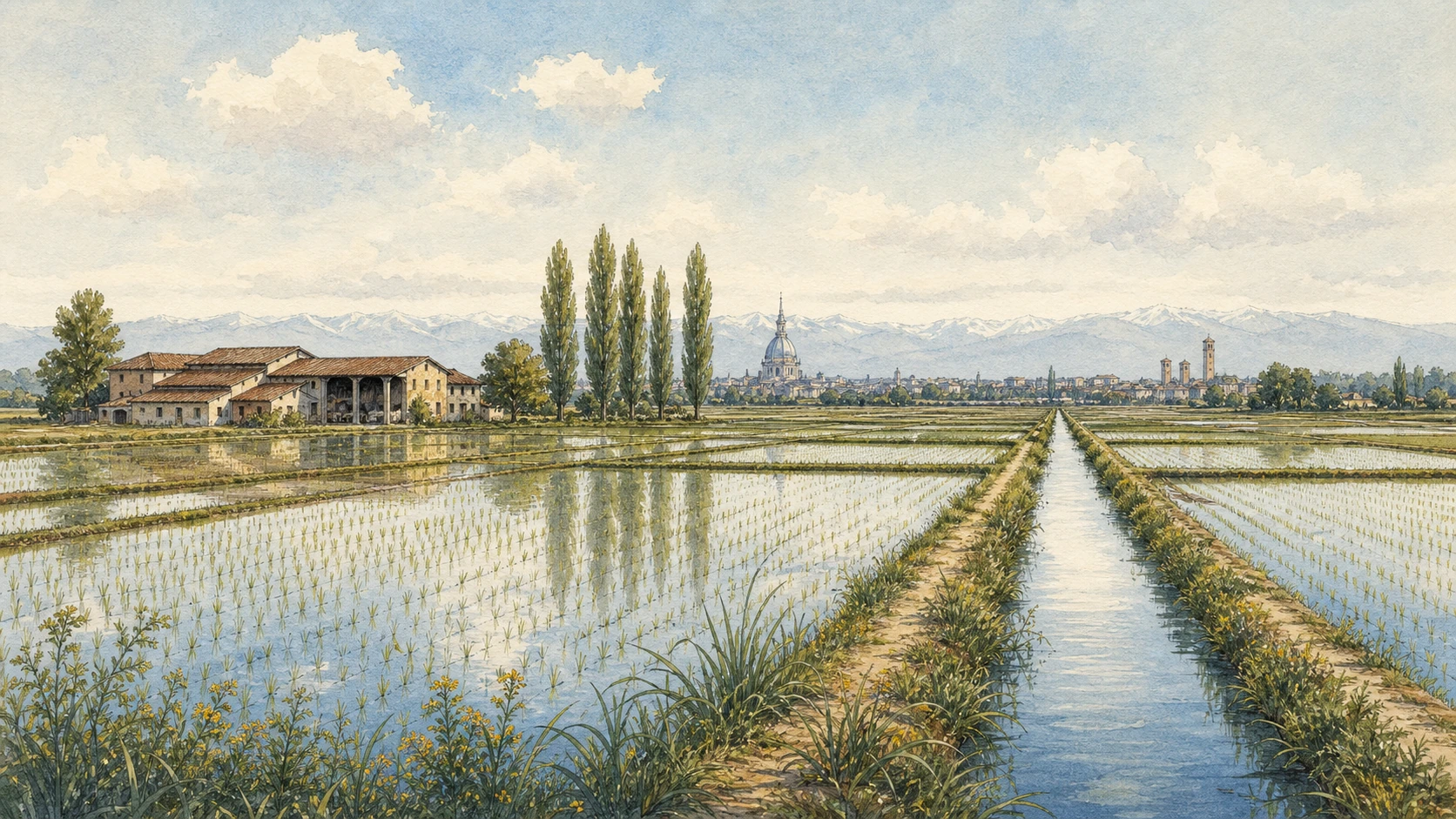 Original documentary watercolour panorama for Novara, Vercelli and the Rice Plain: Complete Guide, with accurate Piedmont architecture, landscape and lived context