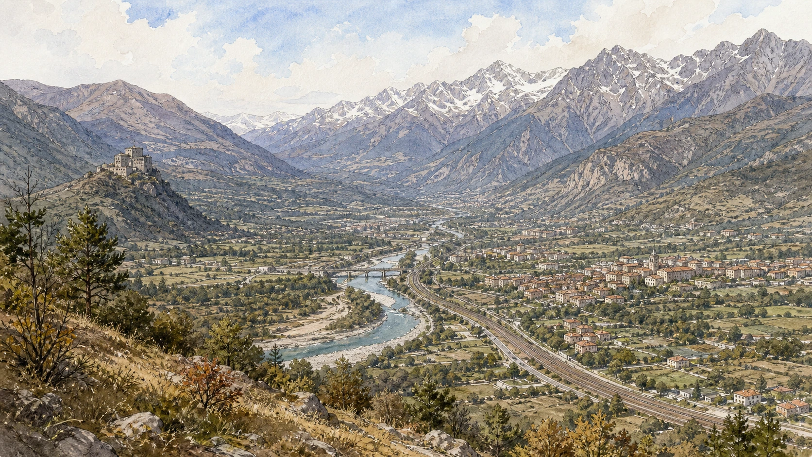 Original documentary watercolour panorama for Val di Susa, Pinerolo and the Olympic Valleys: Complete Guide, with accurate Piedmont architecture, landscape and lived context