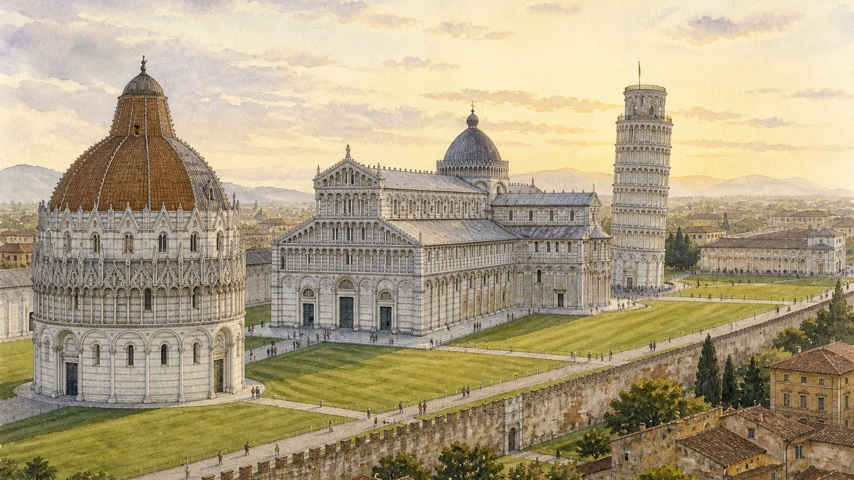 Original documentary watercolour panorama of Pisa Cathedral, Baptistery, Leaning Tower and Camposanto