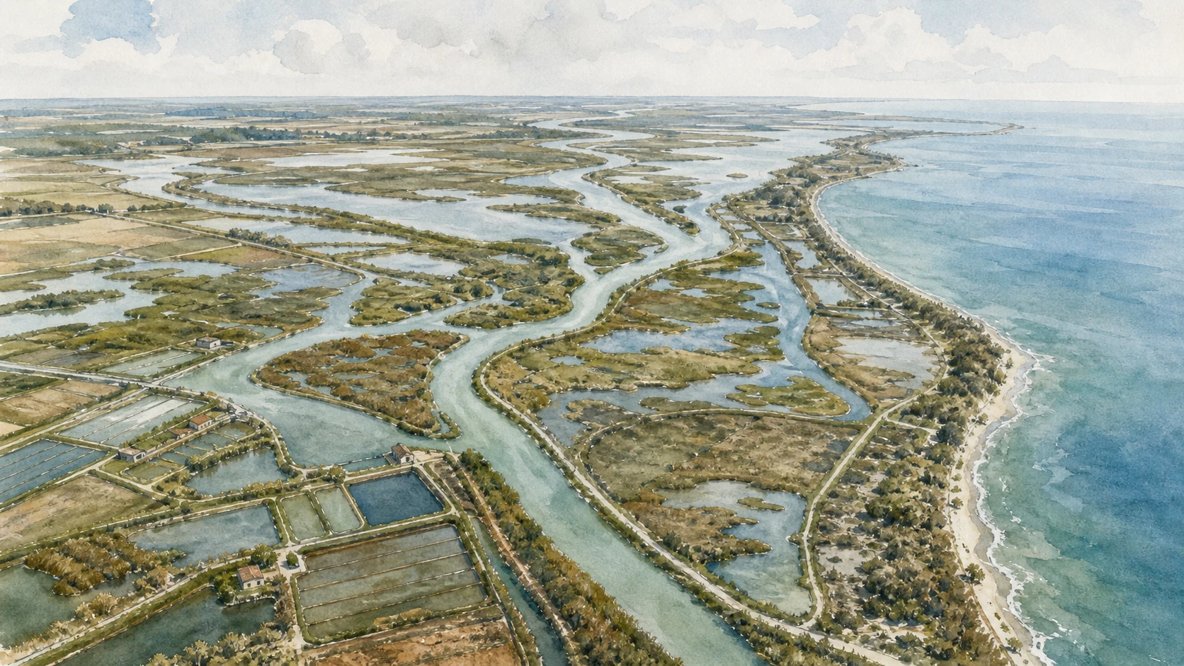 Original documentary watercolour aerial panorama of the Veneto Po Delta with river branches, lagoons, fishing valleys, reeds, dunes and the Adriatic