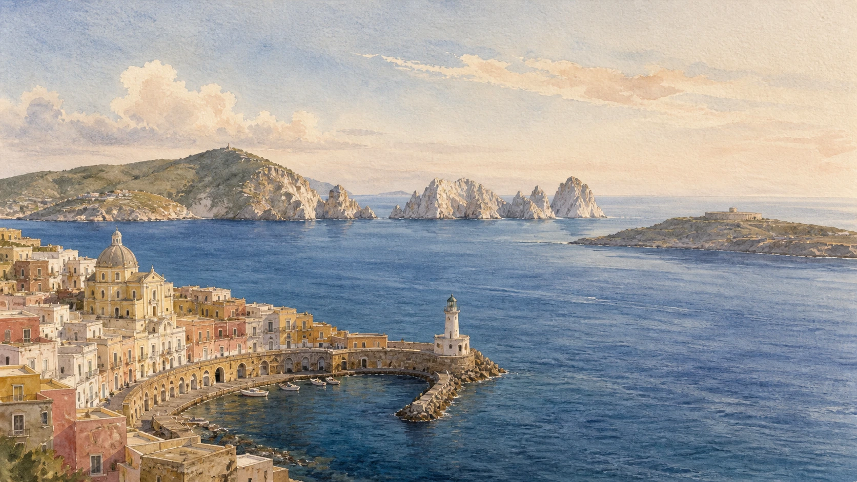 Original documentary watercolour panorama of the Pontine Islands joining Ponza harbour and volcanic cliffs with Palmarola, Zannone, Ventotene and Santo Stefano across open Tyrrhenian water