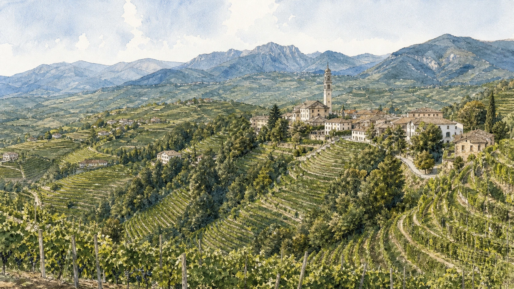 Original documentary watercolour panorama of the Conegliano Valdobbiadene Prosecco hills with steep vineyards, villages and distant Prealps