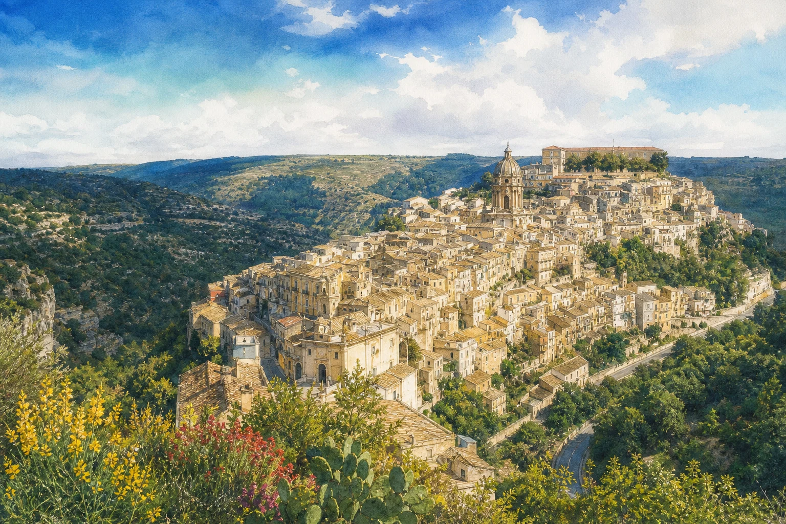Documentary watercolour panorama of Ragusa Ibla on its limestone ridge with the dome of San Giorgio, dense historic roofs and the Hyblaean ravines