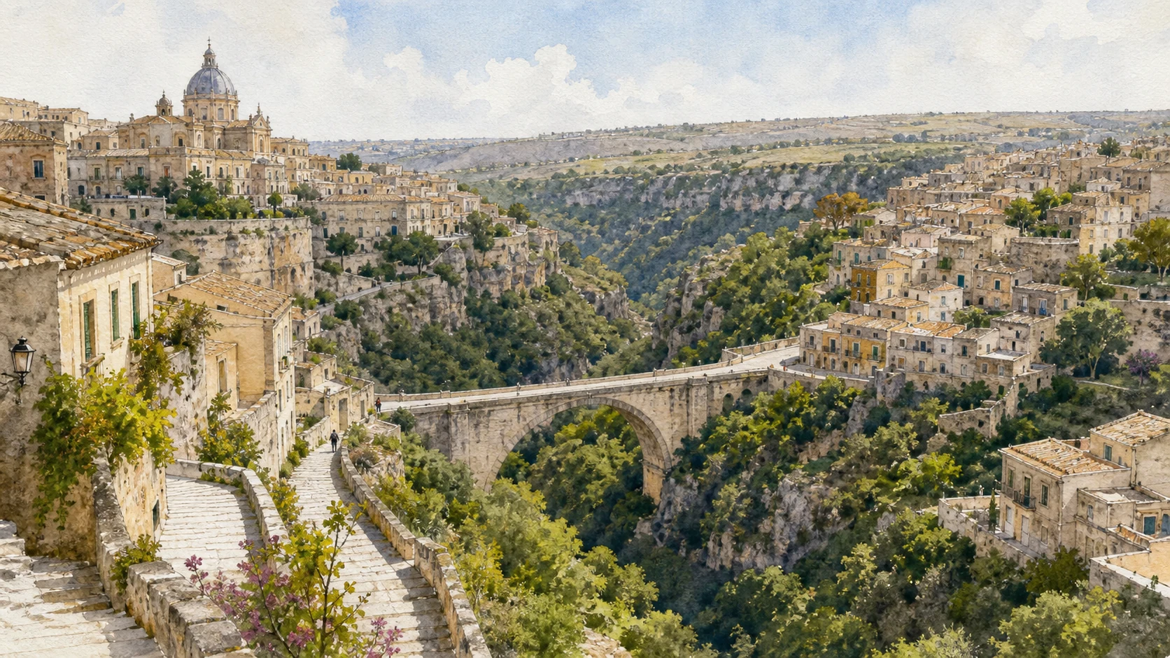 Documentary watercolour of Ragusa's Santa Domenica ravine with a stone bridge and pale neighbourhoods rising on the two sides