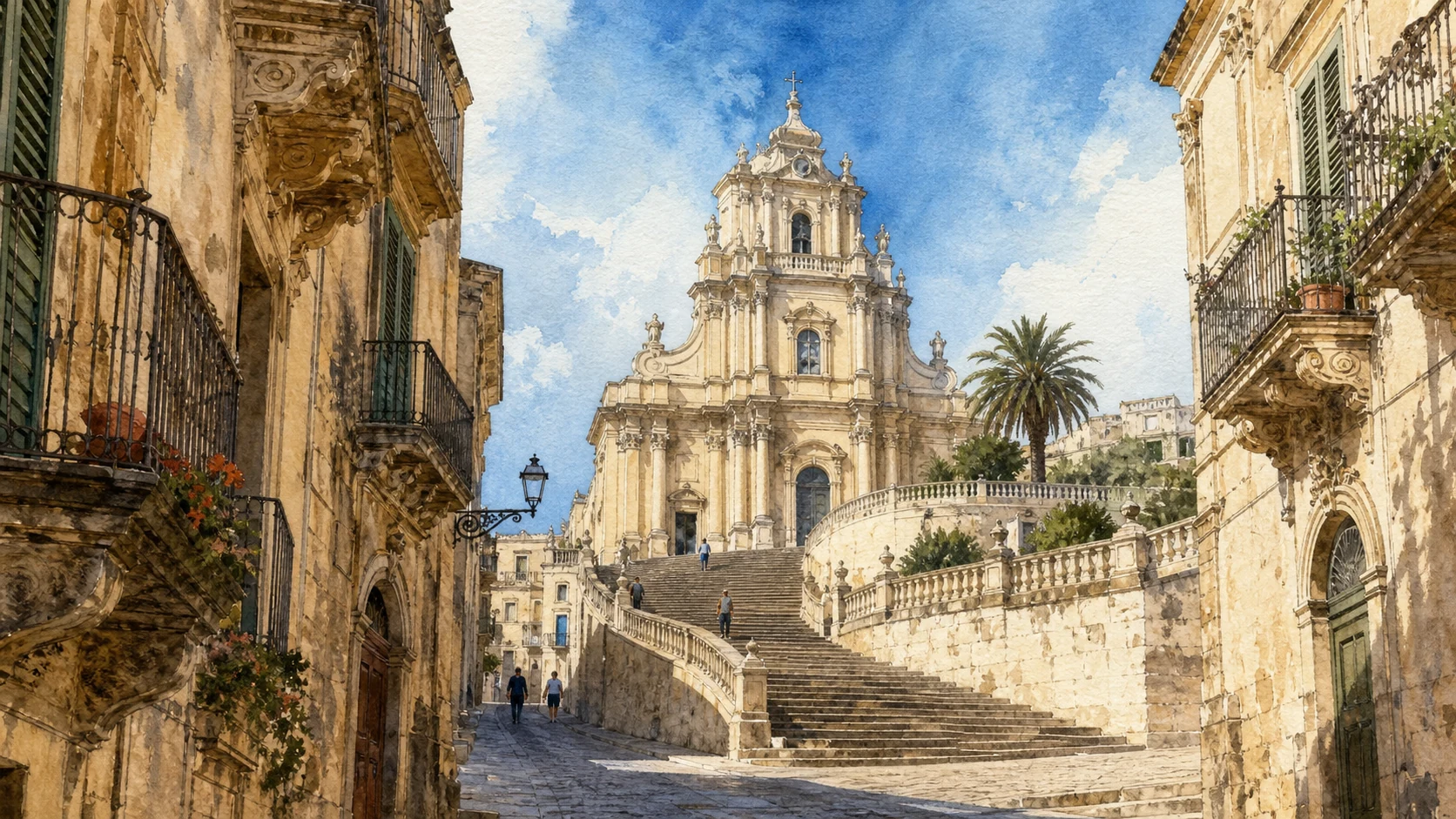 Documentary watercolour of the ascent to the Duomo of San Giorgio in Ragusa Ibla with its broad stairs, curved churchyard and surrounding Baroque houses