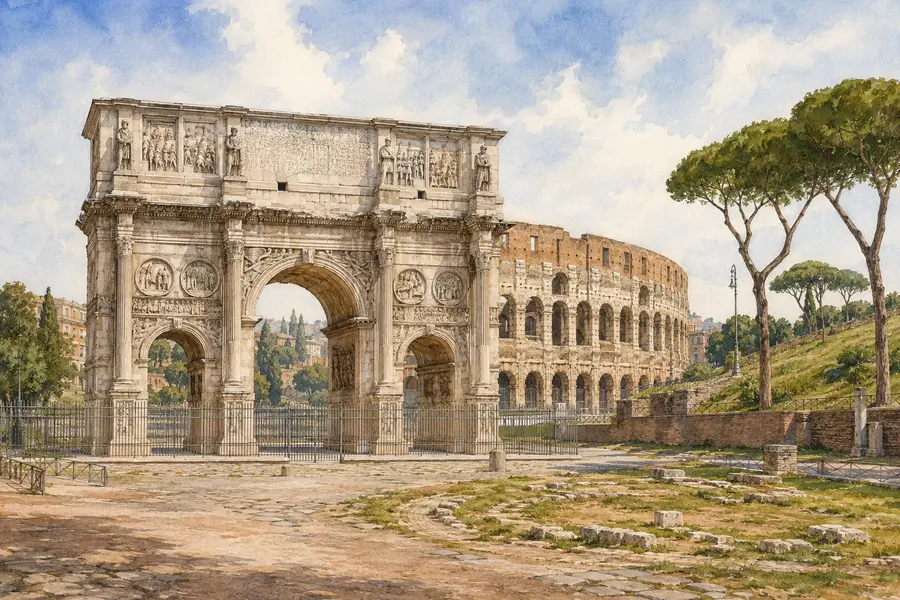 Rome Guide 01: Colosseum, Forum and Palatine 4 Illustrated view of the Arch of Constantine beside the Colosseum