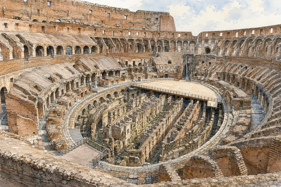 Rome Guide 01: Colosseum, Forum and Palatine 3 Illustrated interior view of the Colosseum arena, seating and hypogeum