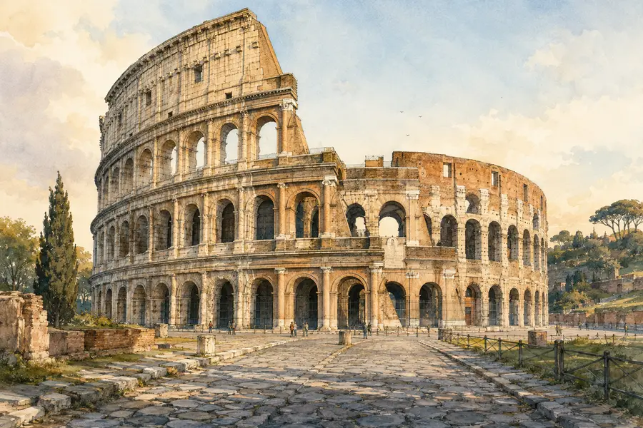 Rome Guide 01: Colosseum, Forum and Palatine 2 Illustrated exterior view of the Colosseum in its urban setting