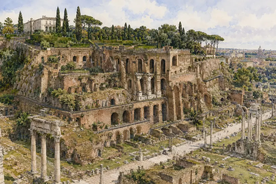 Rome Guide 01: Colosseum, Forum and Palatine 10 Illustrated view of the Domus Tiberiana terraces above the Roman Forum