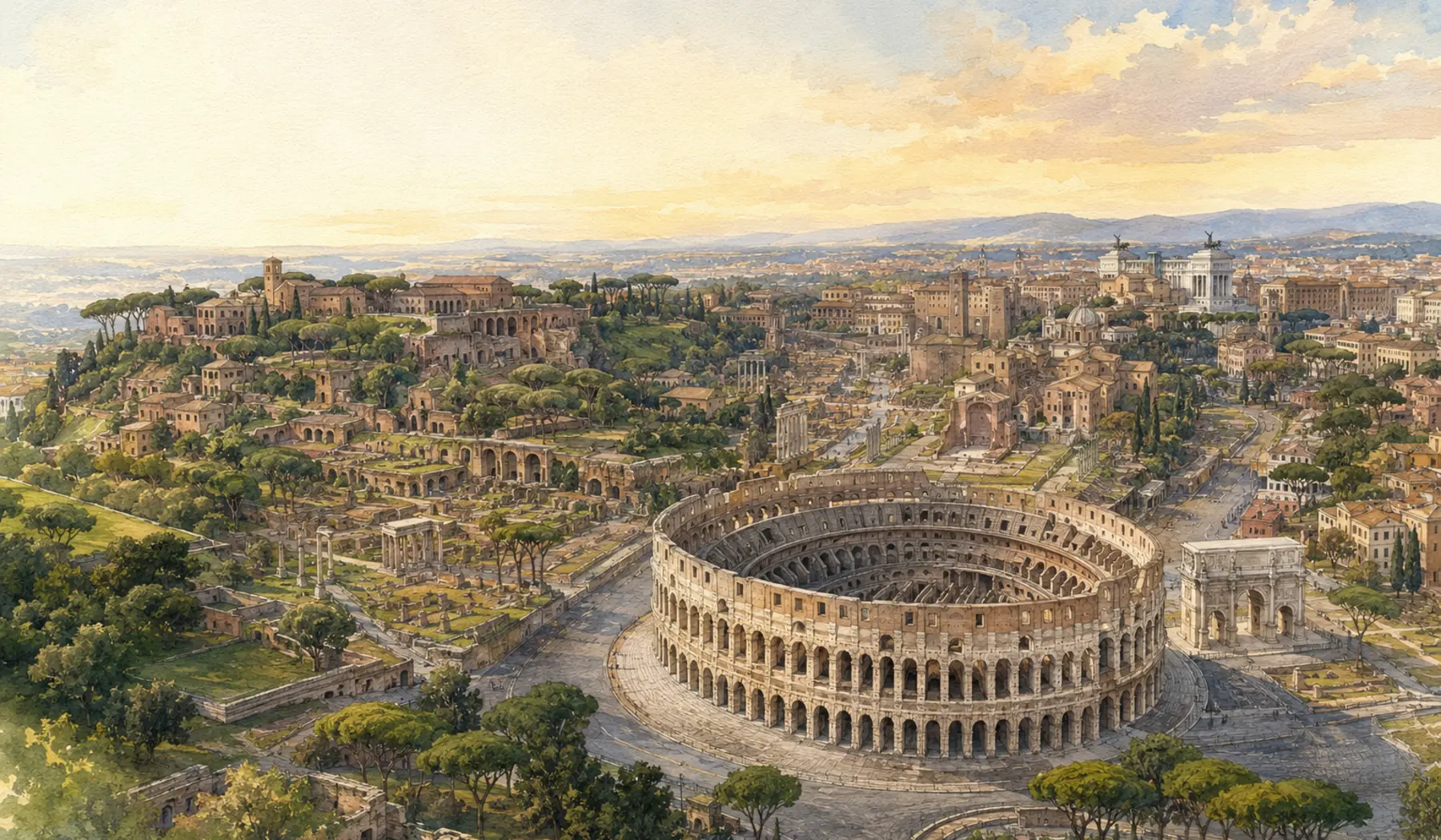 Documentary watercolour of the Colosseum, Roman Forum and Palatine Hill