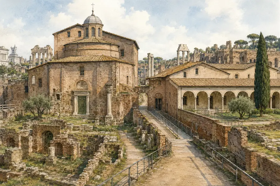 Rome Guide 01: Colosseum, Forum and Palatine 11 Illustrated architectural setting of Santa Maria Antiqua and the Roman Forum Museum