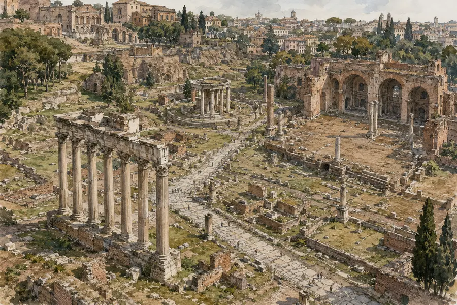 Rome Guide 01: Colosseum, Forum and Palatine 8 Illustrated view of temples, basilicas and monuments within the Roman Forum