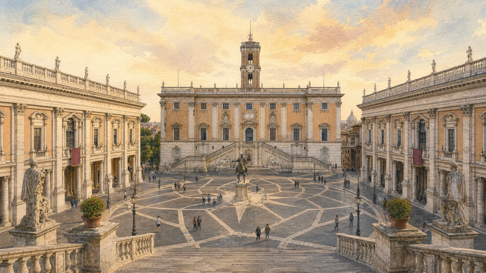 Original documentary watercolour of Piazza del Campidoglio seen from the Cordonata