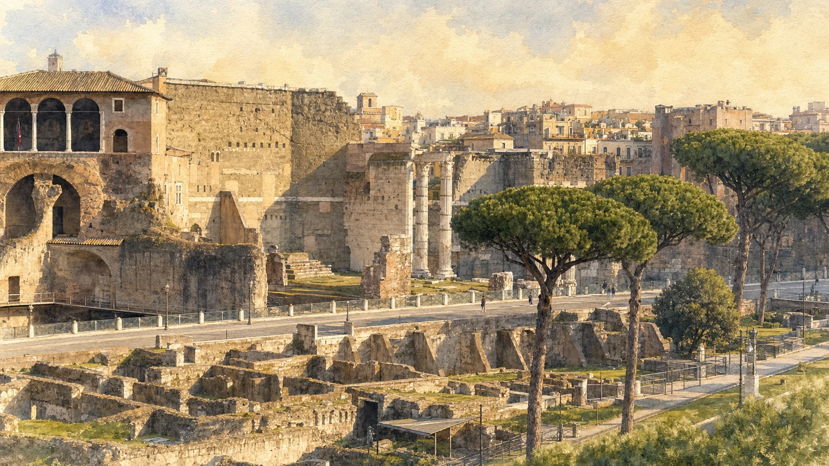 Original documentary watercolour of the current Forum of Augustus and surviving Temple of Mars Ultor columns