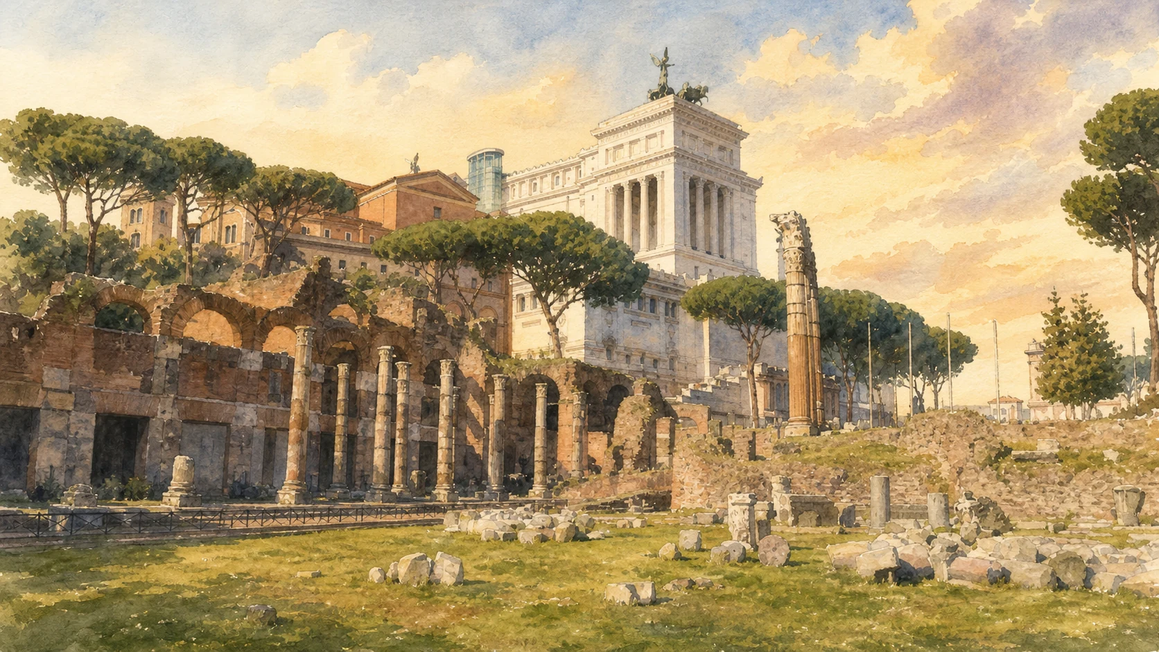 Original documentary watercolour of the present-day Forum of Caesar below the Capitoline slope