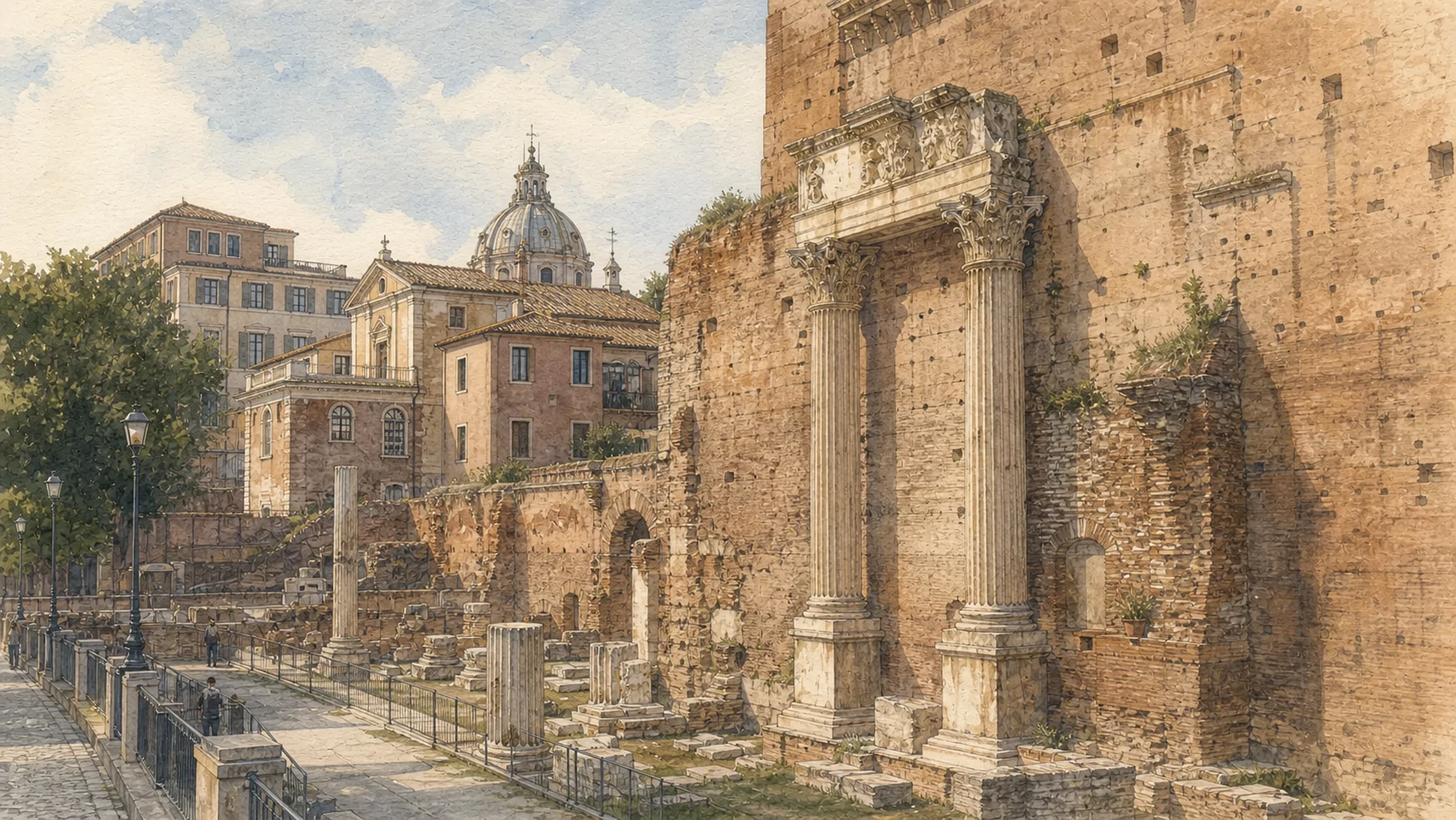 Original documentary watercolour of the surviving Colonnacce in the Forum of Nerva