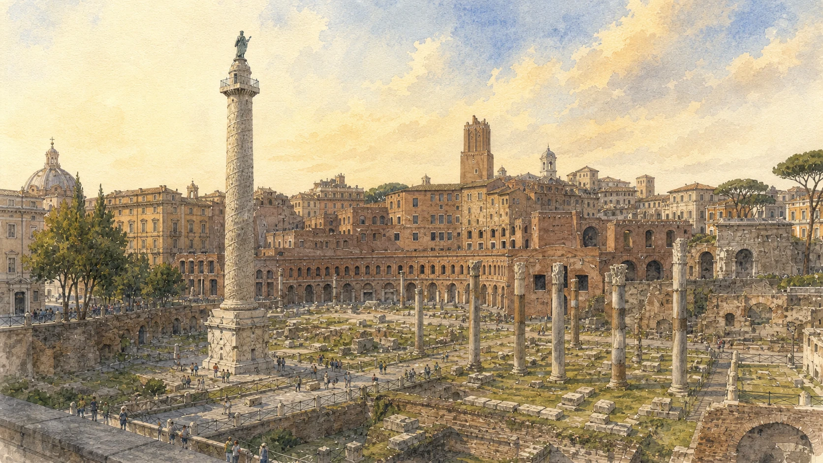 Original documentary watercolour of Trajan's Column, Basilica Ulpia remains and Trajan's Markets