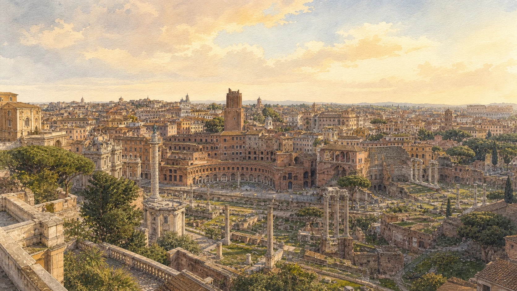 Documentary watercolour of the Capitoline and Imperial Fora