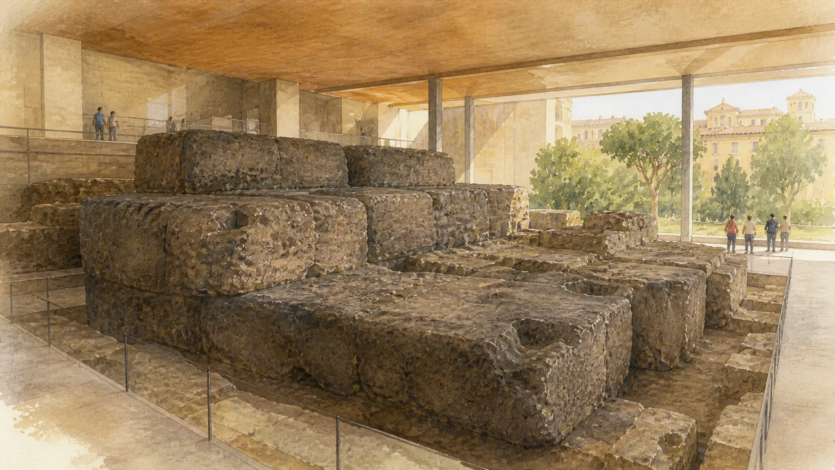 Original documentary watercolour of the surviving tufa foundations of the Temple of Capitoline Jupiter