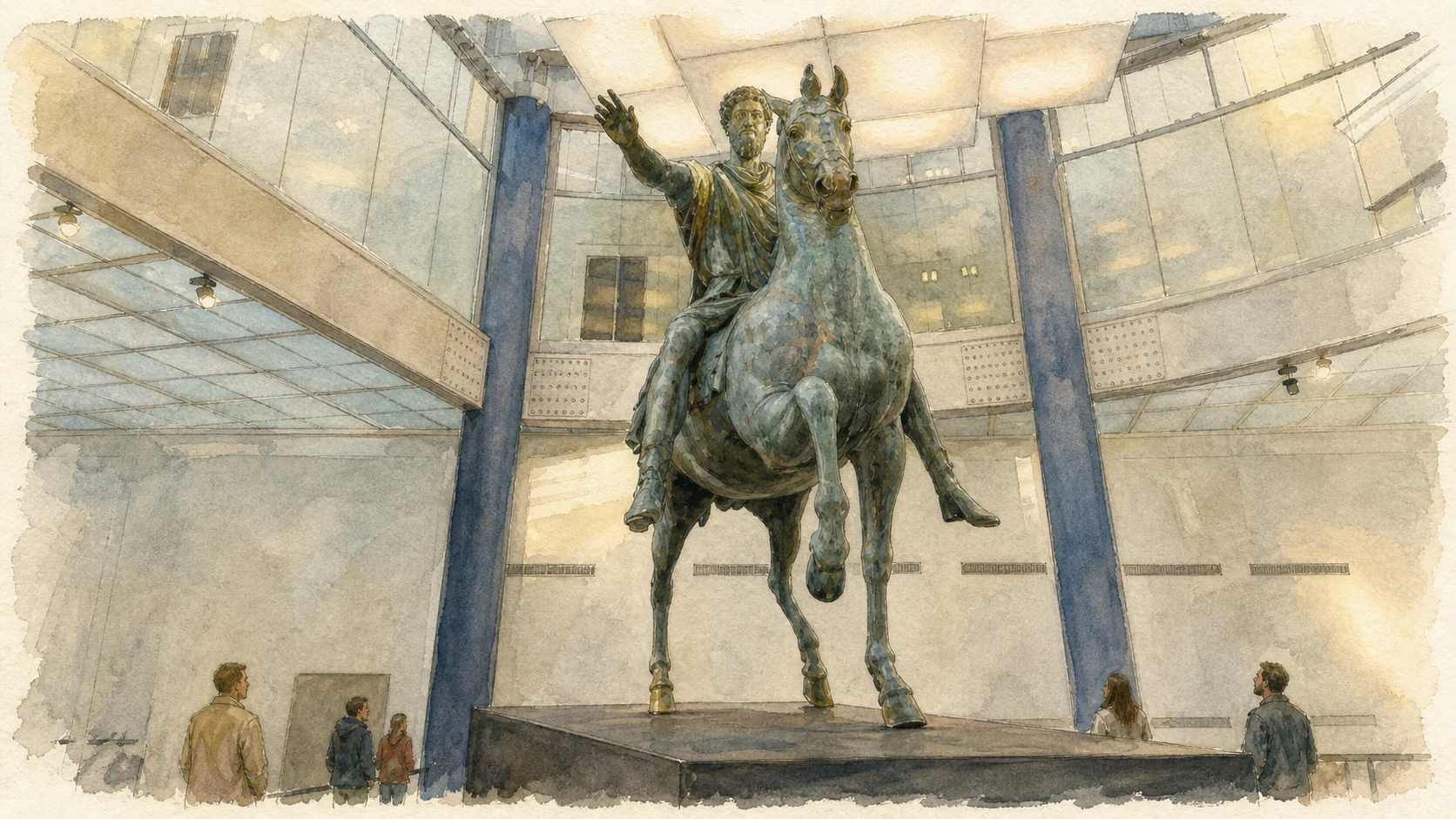 Original documentary watercolour of the equestrian Marcus Aurelius in the Capitoline Museums exedra