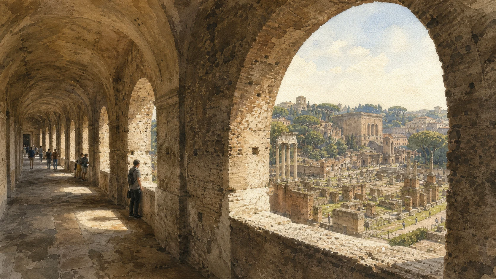 Original documentary watercolour from the Tabularium gallery looking across the Roman Forum