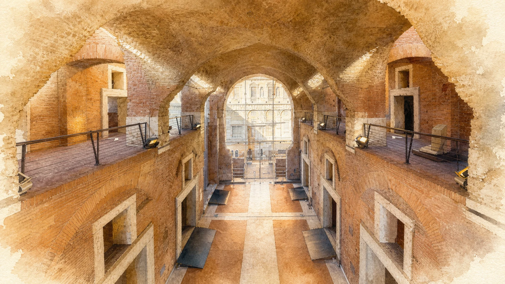 Original documentary watercolour of the present-day Great Hall inside Trajan's Markets