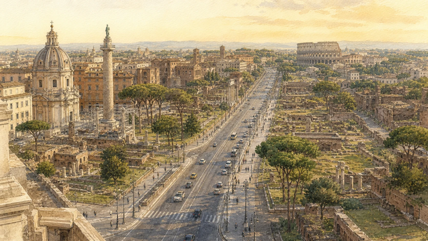 Original documentary watercolour of Via dei Fori Imperiali cutting through the archaeological district toward the Colosseum