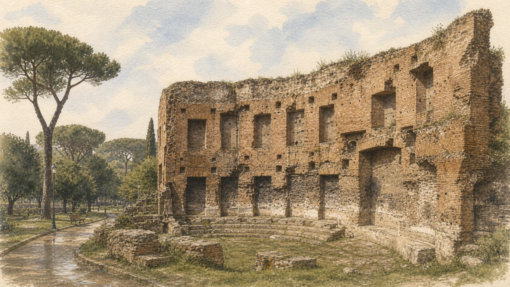Original documentary watercolour of the surviving brick exedra of the Baths of Trajan in Colle Oppio park