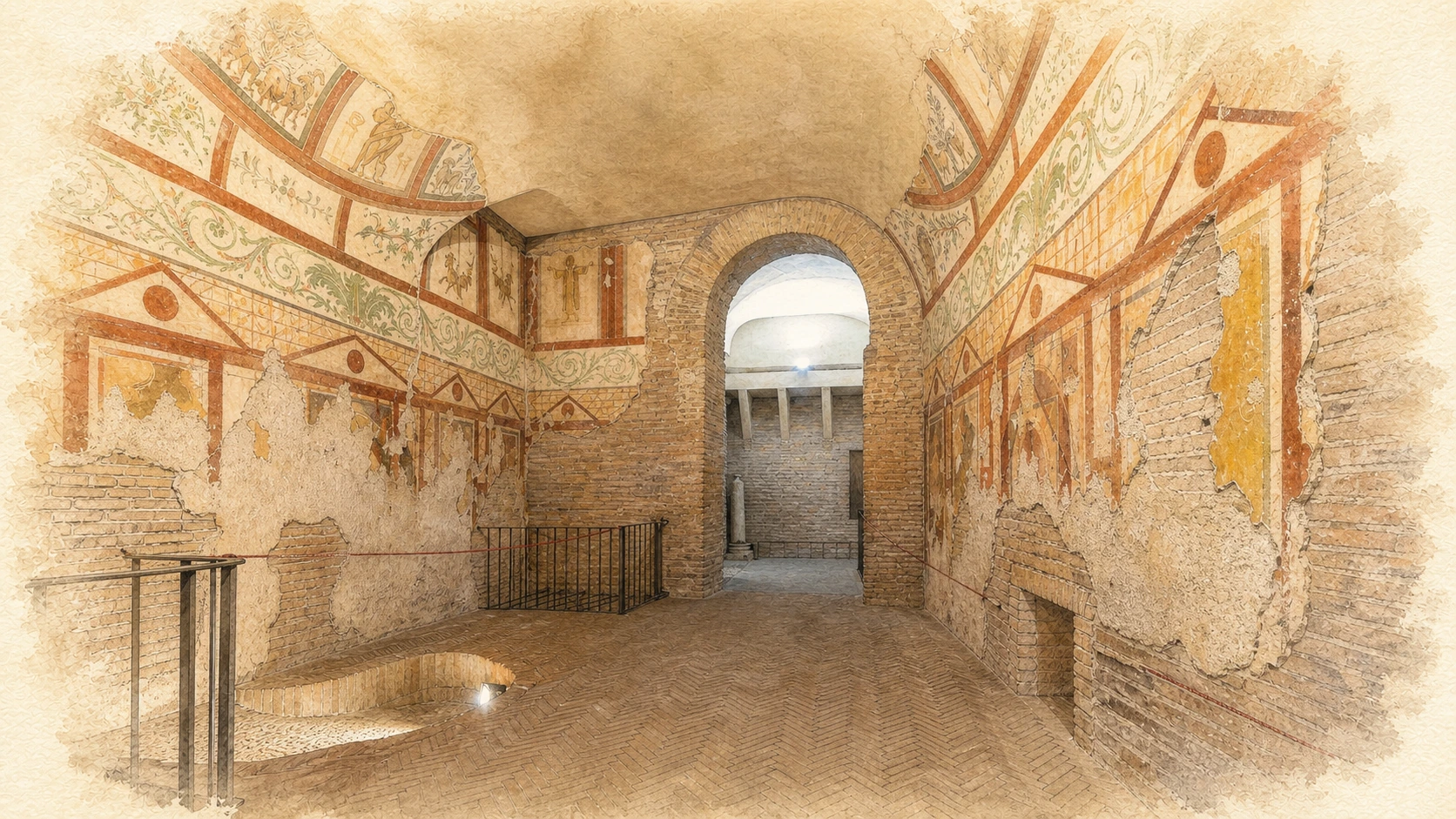 Original documentary watercolour of a frescoed underground room in the Roman Houses of the Caelian