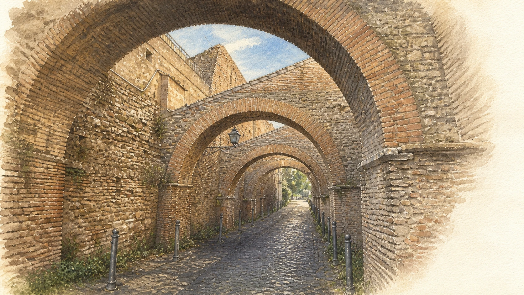 Original documentary watercolour looking up the Clivus Scauri through its brick arches toward Santi Giovanni e Paolo