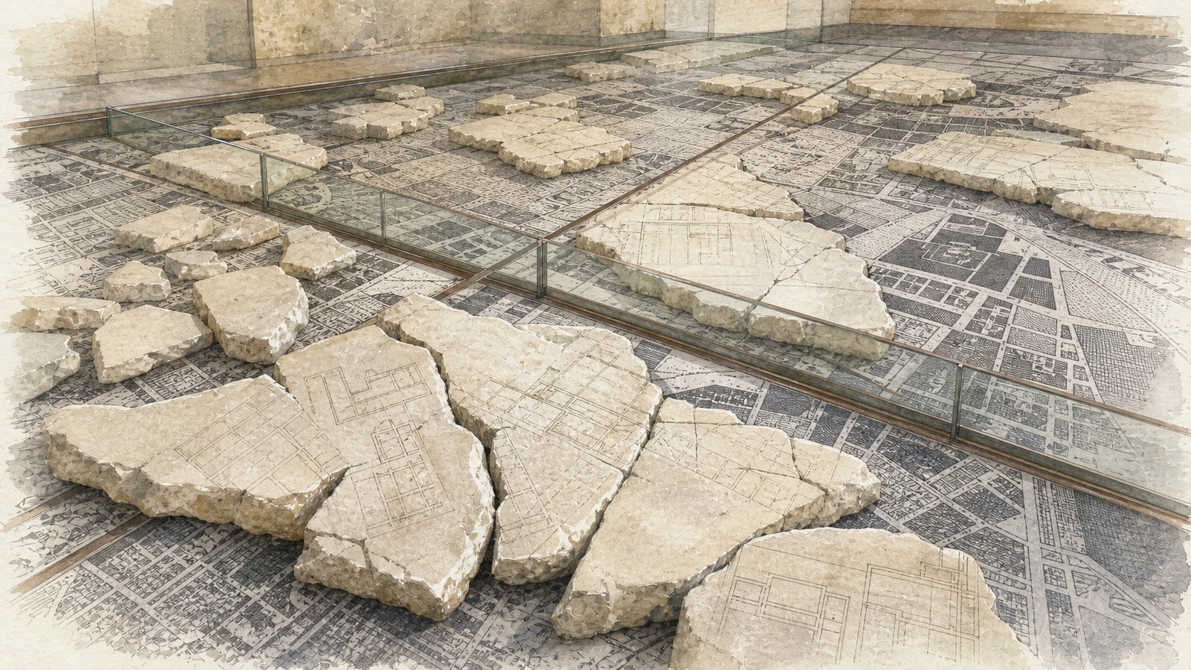 Original documentary watercolour of Forma Urbis marble fragments displayed over the modern map in the Caelian museum