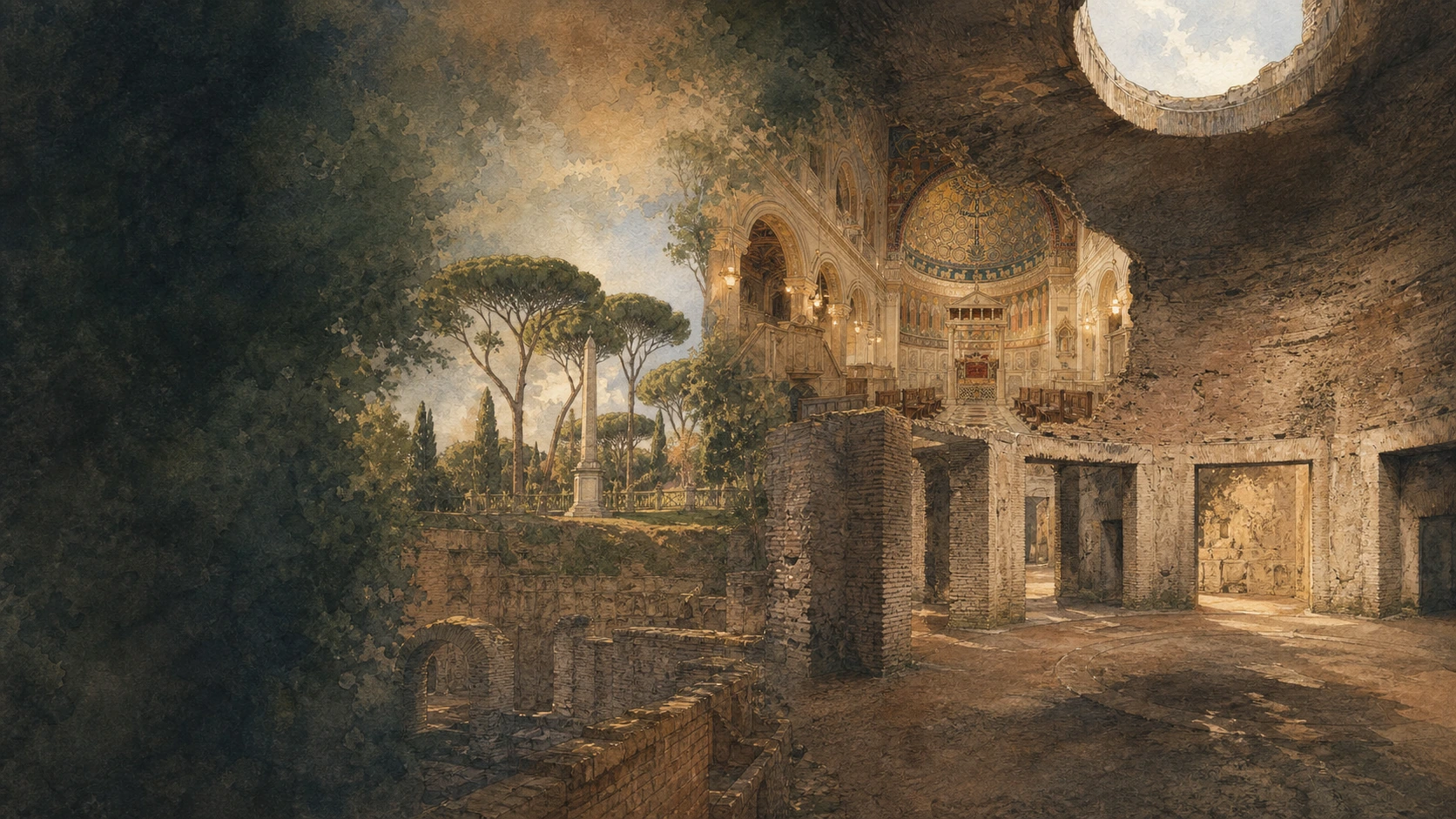 Documentary watercolour of the Domus Aurea, Caelian Hill and San Clemente