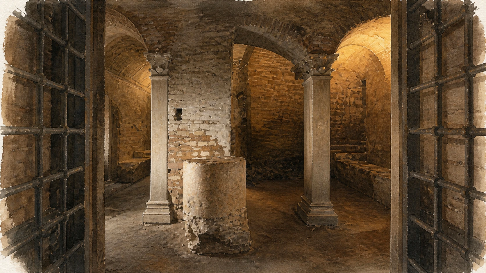 Original documentary watercolour of the archaeological lower level and Mithraeum beneath San Clemente